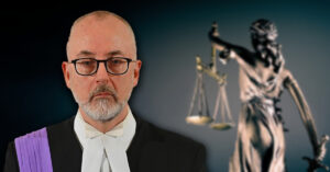 Judge with Lady Justice in background